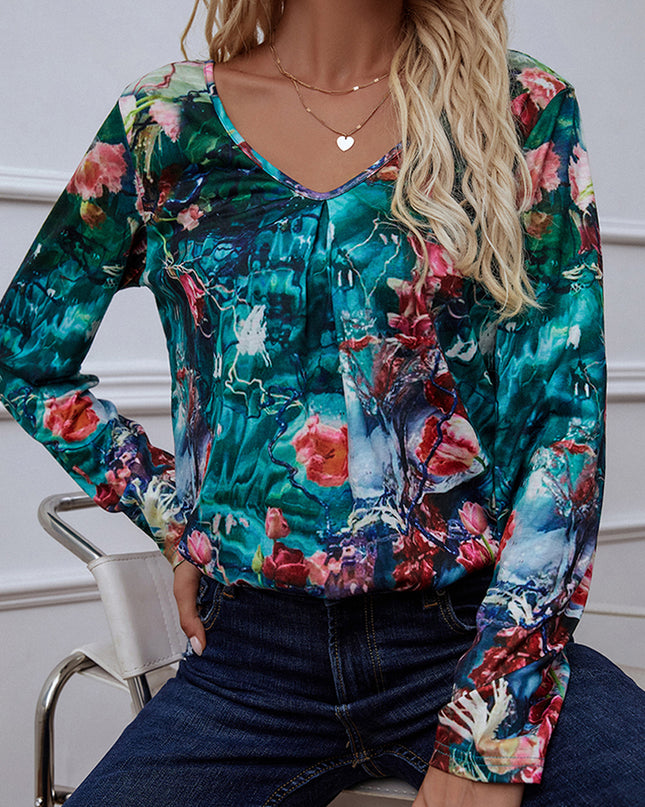 Shiny Printed V-Neck Long Sleeve Blouse 