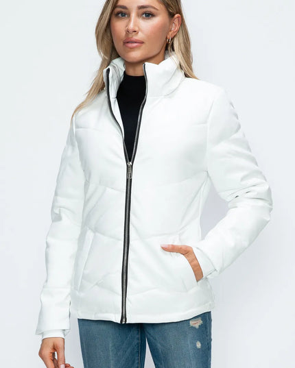 How Dare U Pocketed Zip Up Puffer Jacket with Removable Hood