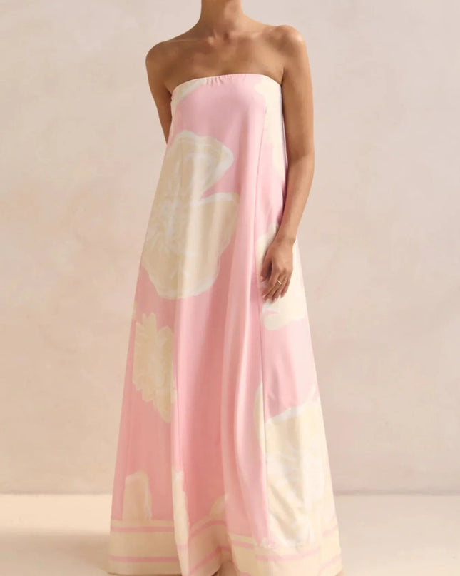 Smocked Printed Tube Maxi Dress Pink Print