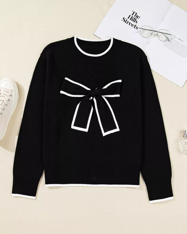 Contrast Trim Bow Accent Holiday Cropped Sweater