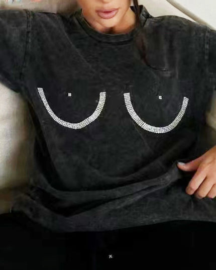 Rhinestone Round Neck Washed T-Shirt 