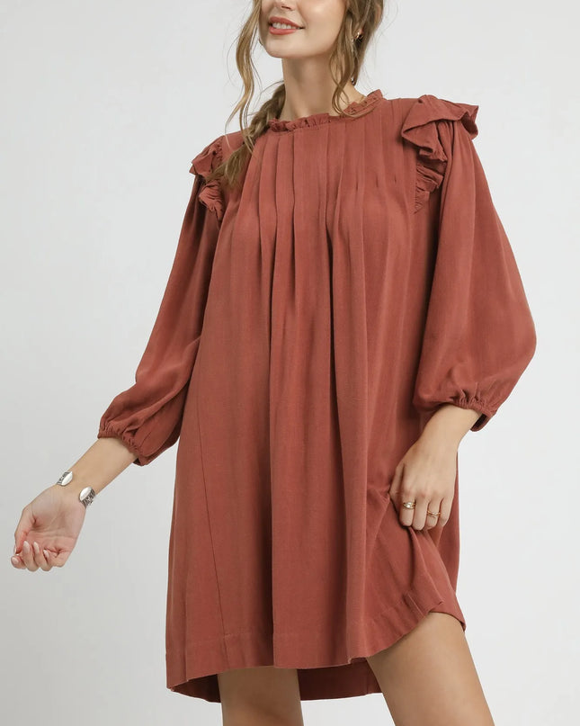 Umgee Linen Ruffle Shoulder Pleated Babydoll Dress RED CLAY
