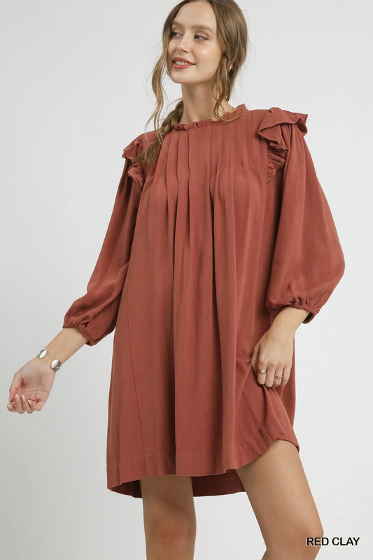 Umgee Linen Ruffle Shoulder Pleated Babydoll Dress RED CLAY