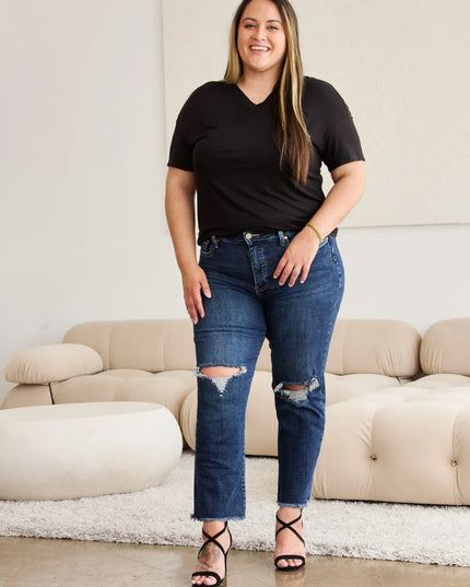 RFM Crop Dylan Full Size Tummy Control Distressed High Waist Raw Hem Jeans