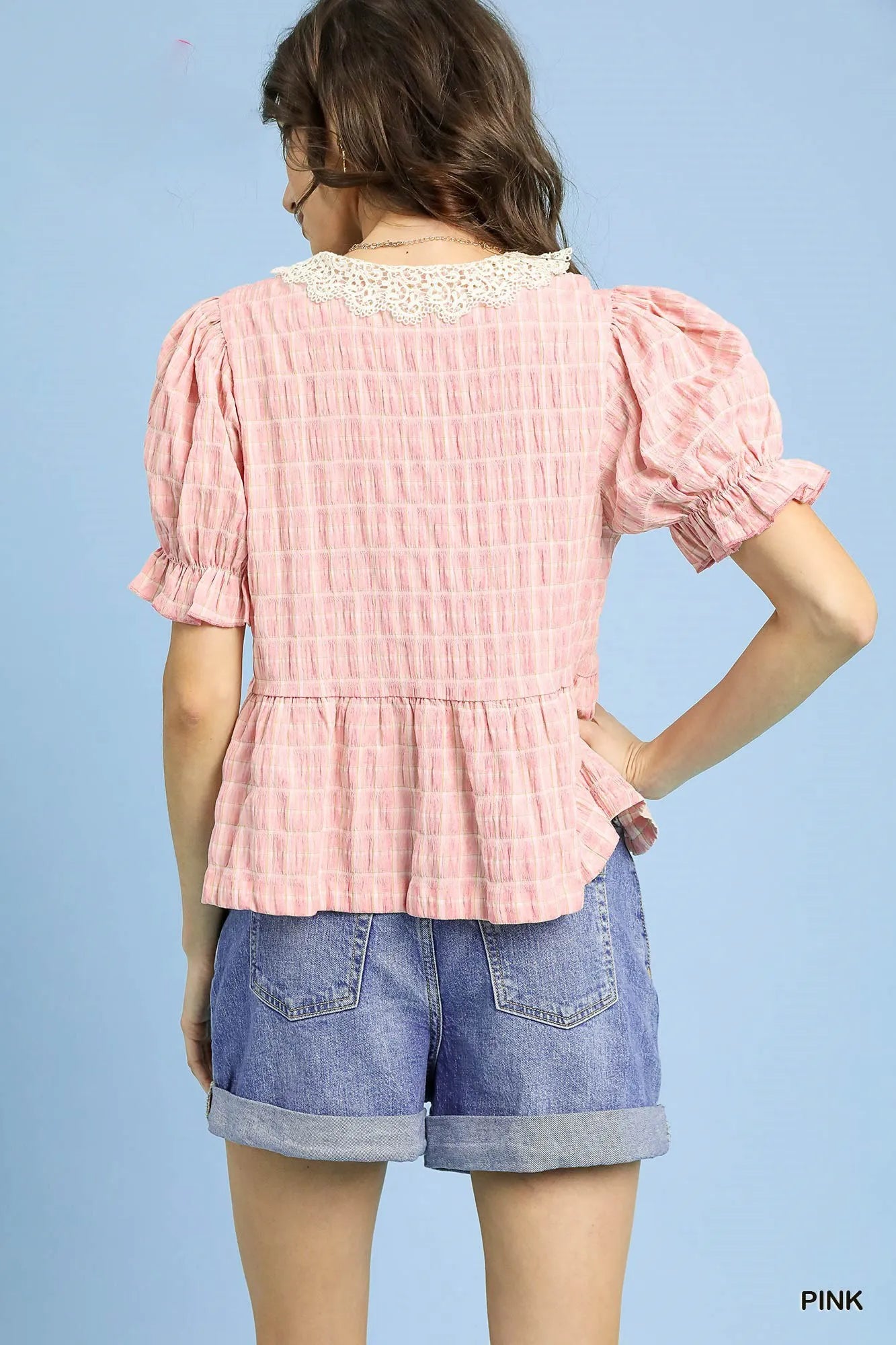 Umgee Short Sleeve Gingham Lace Peplum Blouse