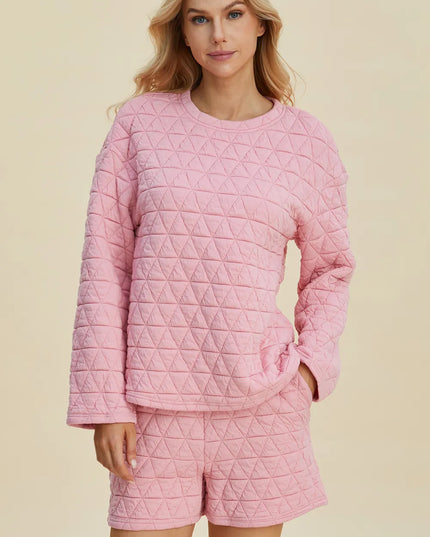 Double Take Full Size Texture Round Neck Long Sleeve Top and Shorts Set Pink