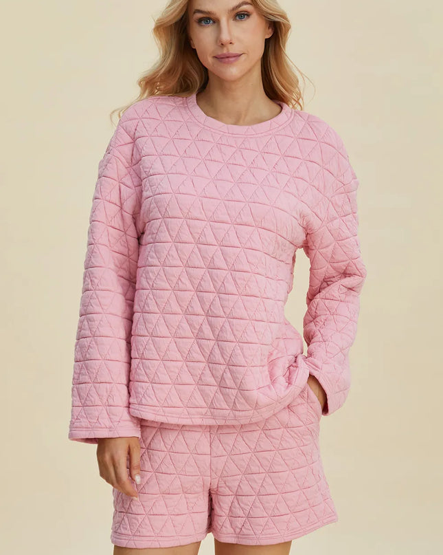 Double Take Full Size Texture Round Neck Long Sleeve Top and Shorts Set Pink