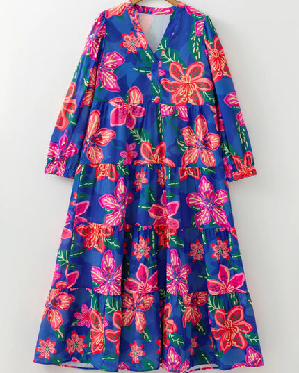 Floral Print 3/4 Sleeve V Neck Tiered Dress