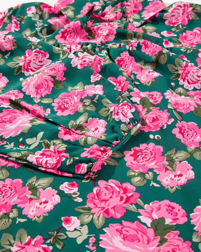 Floral Printed Tied Collar Puff Sleeve Blouse