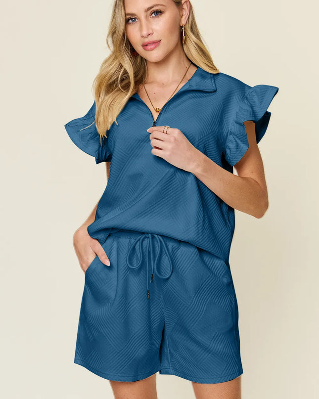 Double Take Full Size Texture Flounce Sleeve Top and Drawstring Shorts Set Deep Teal