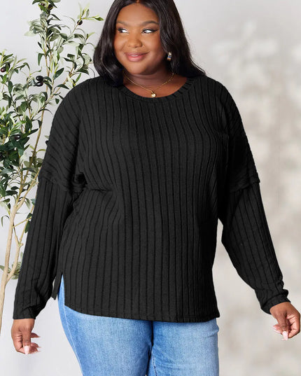 Basic Bae Full Size Ribbed Round Neck Slit Knit Top