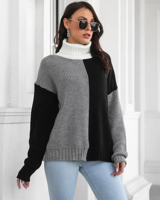 Contrast Turtleneck Long Sleeve Sweater