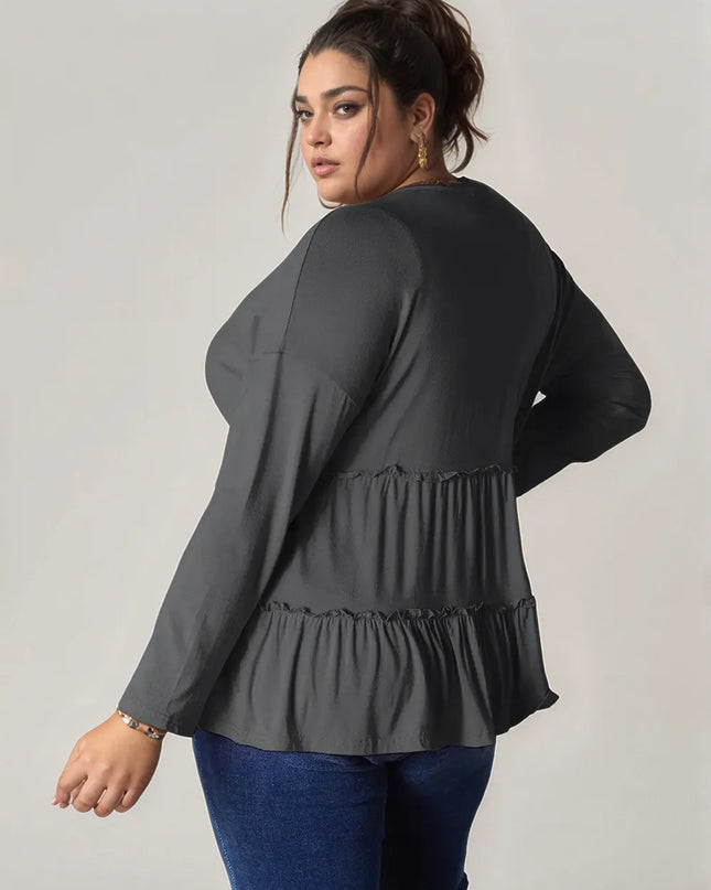Double Take Half Button Long Sleeve Ruffle Hem Blouse