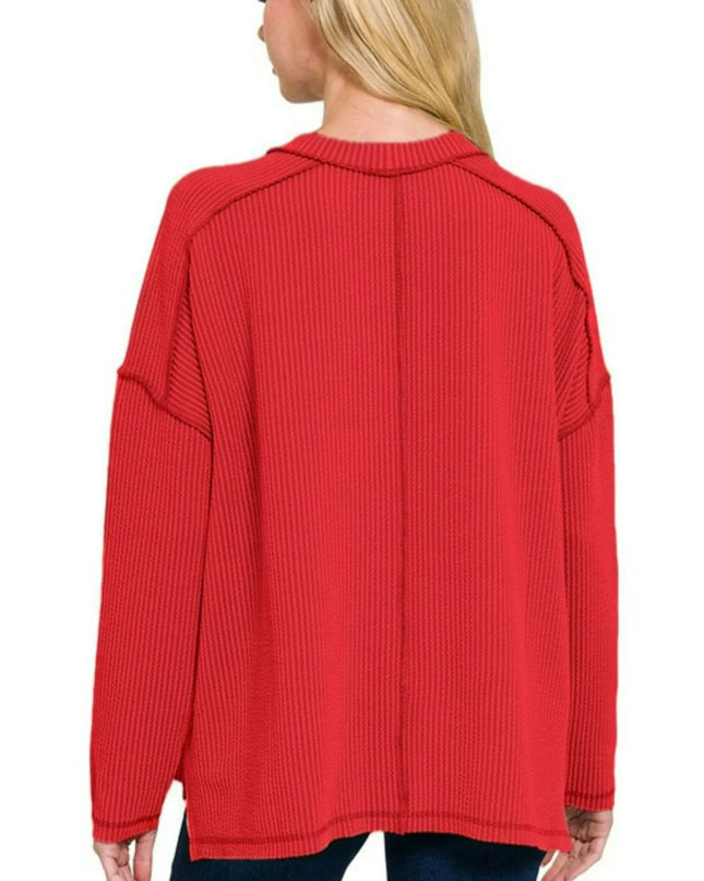 Zenana Full Size Exposed Seam Long Sleeve Corded Rib Knit Top Plus Size