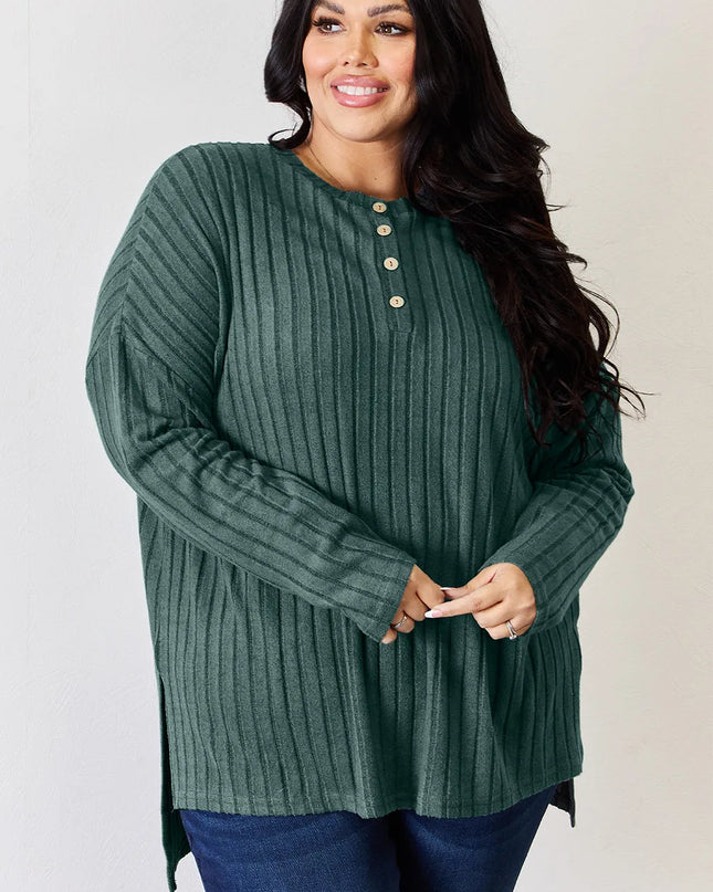 Basic Bae Full Size Ribbed Half Button Long Sleeve High-Low T-Shirt