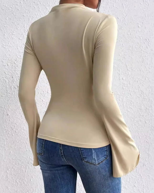 Bell Sleeve Ruched Fitted T-Shirt with Mock Neck