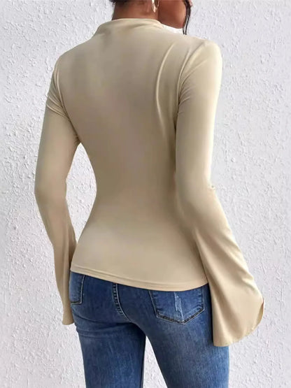Bell Sleeve Ruched Fitted T-Shirt with Mock Neck