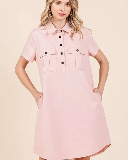 Mittoshop Button Detail Collared Neck Short Sleeve Shirt Dress Baby Pink