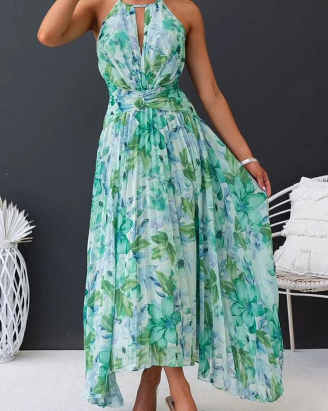 Printed Sleeveless Pleated Dress