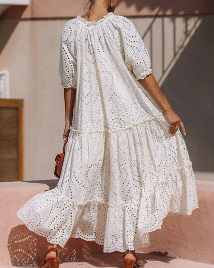 Tie Neck Half Sleeve Tiered Dress 