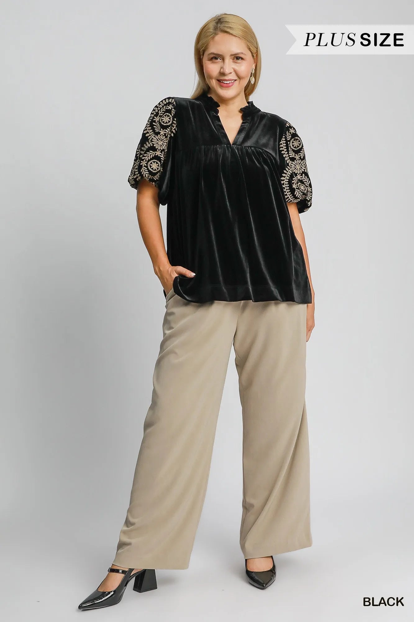 Umgee Full Size Velvet Embroidered Sleeve Blouse Plus Size