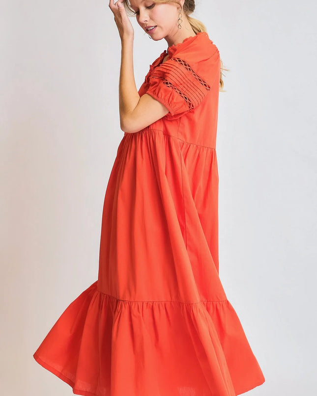 Umgee Short Sleeve Lace-Trim Ruffled Midi Dress