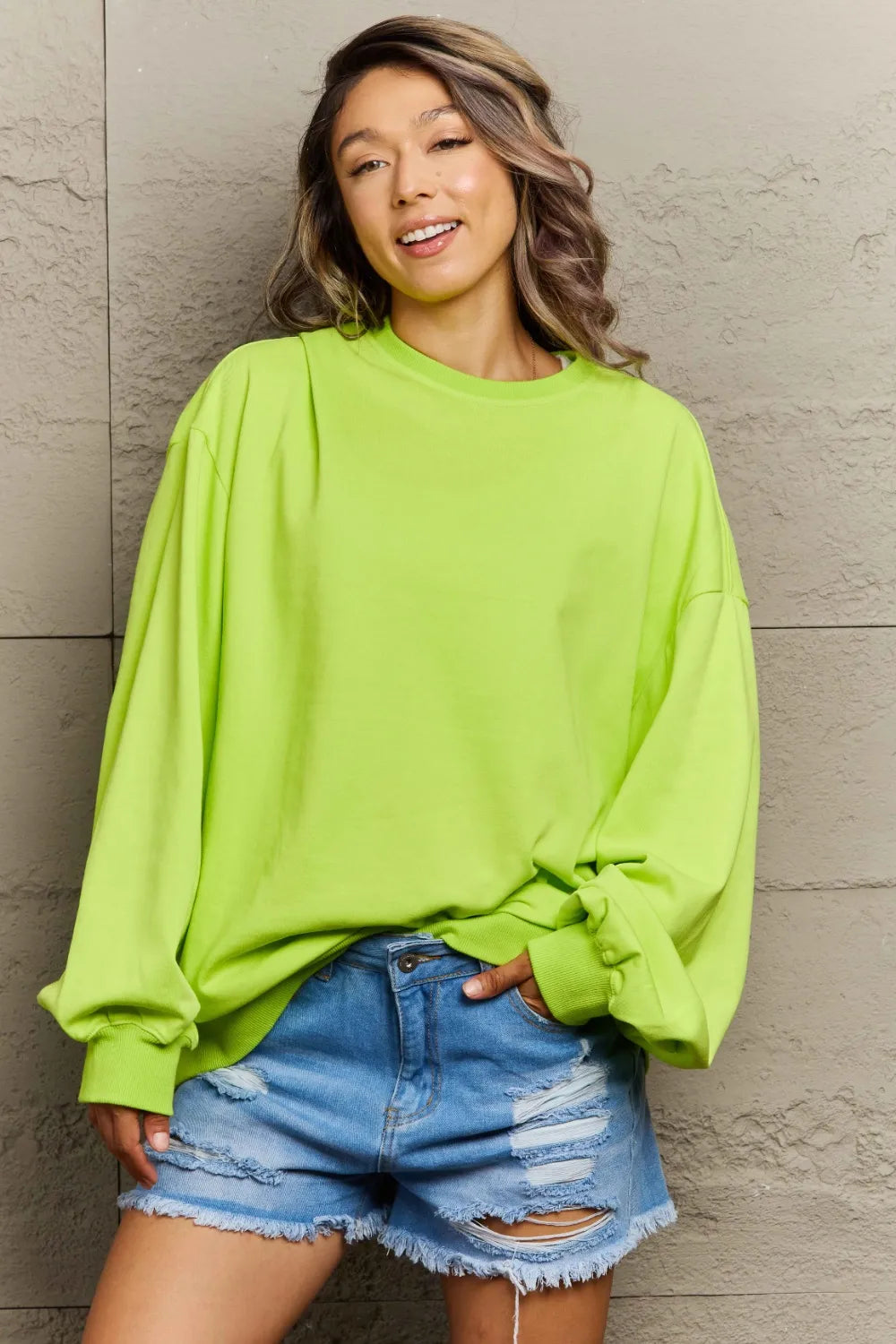 Full Size Round Neck Long Sleeve Sweatshirt Lime