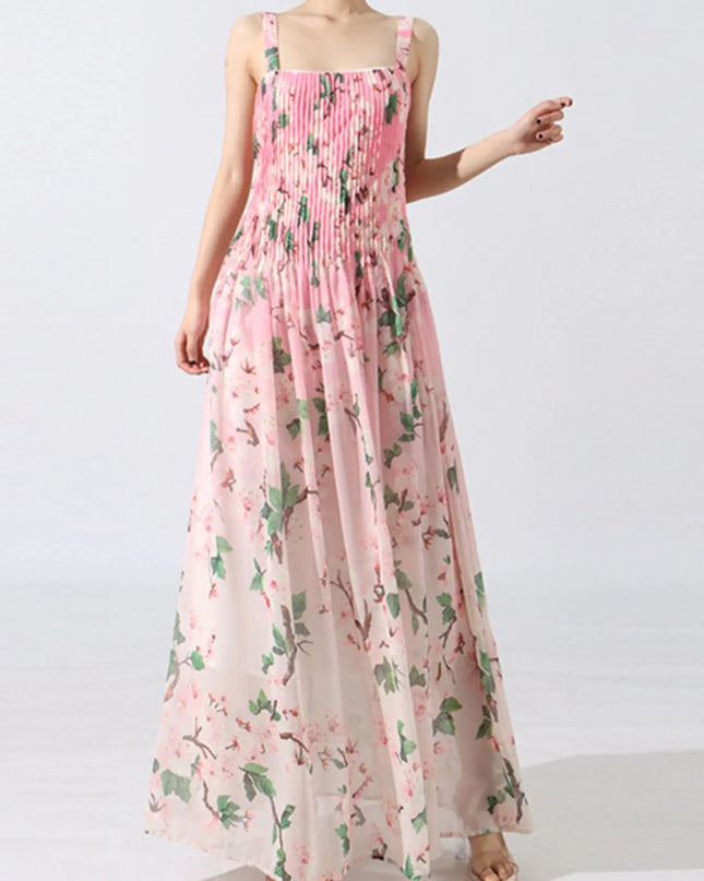 Floral Print Pleated Maxi Dress
