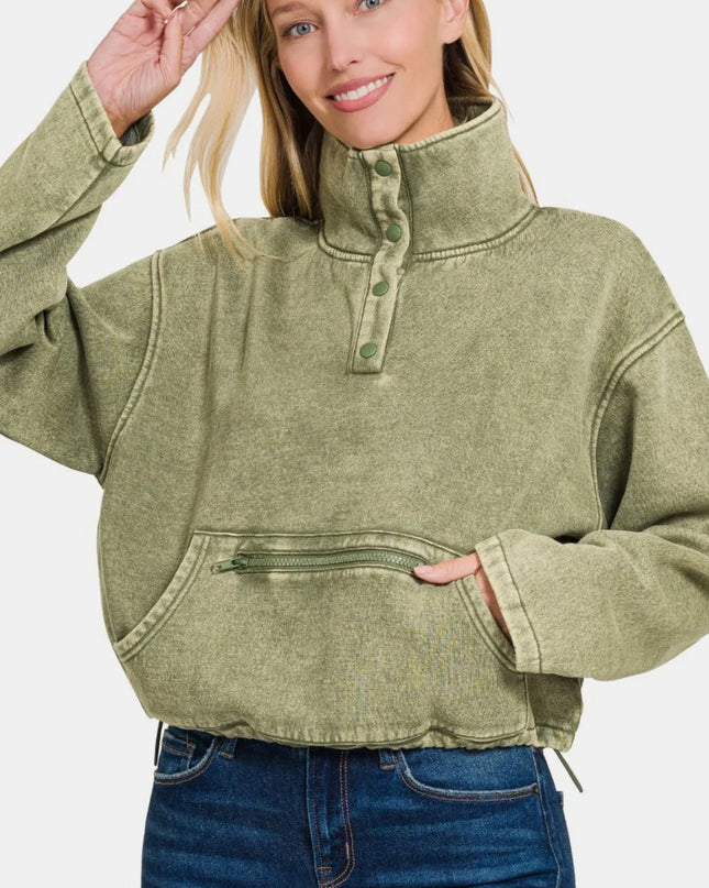 Zenana Acid Wash Fleece Half Snap Sweatshirt with Pocket LT Olive