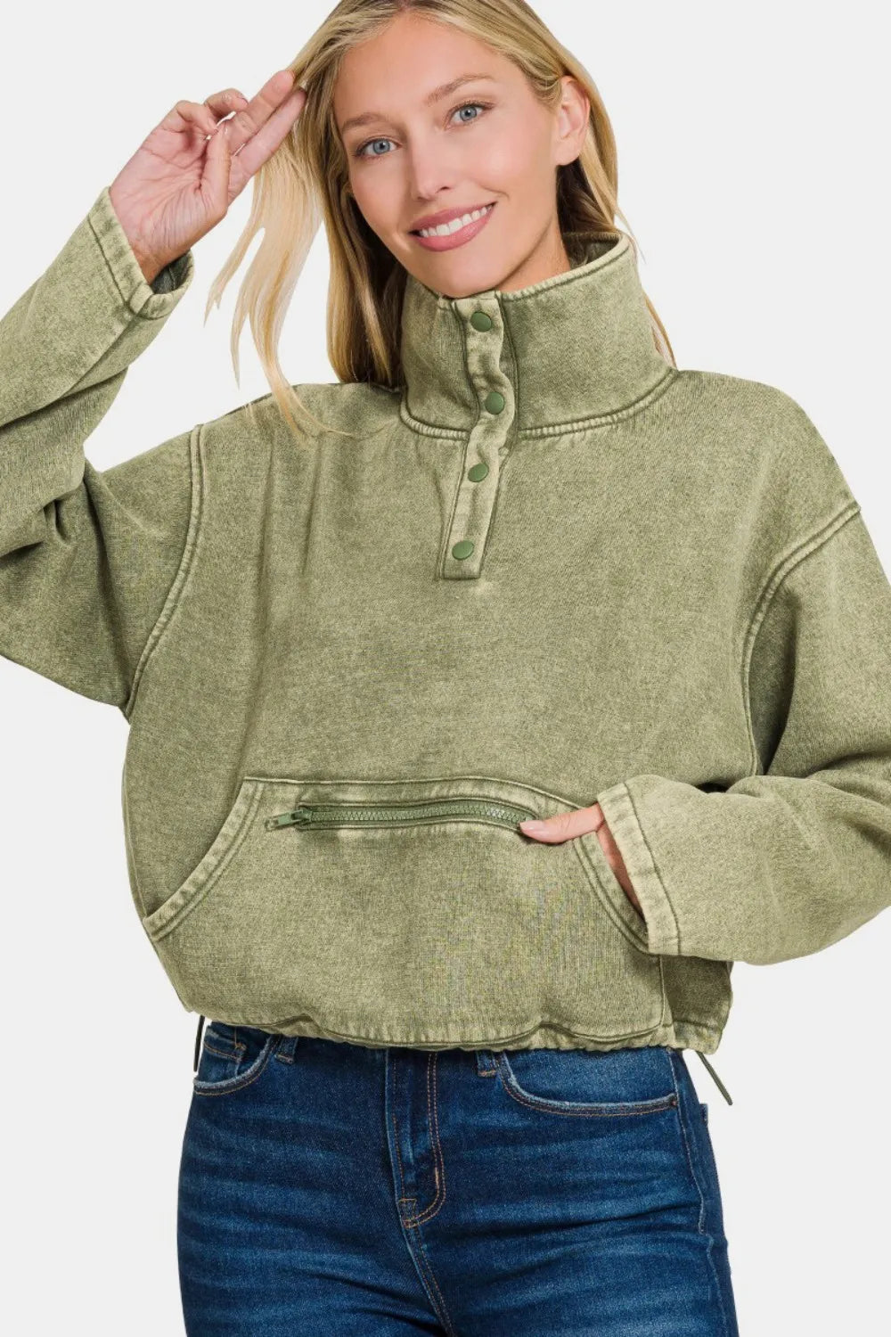Zenana Acid Wash Fleece Half Snap Sweatshirt with Pocket LT Olive