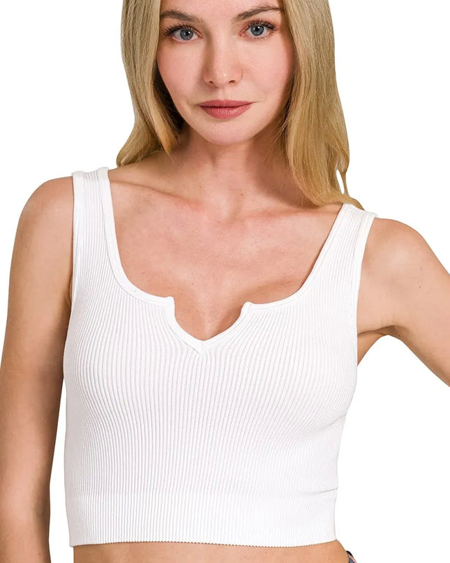 Zenana Seamless Split Neck Bra Tank Top WHITE