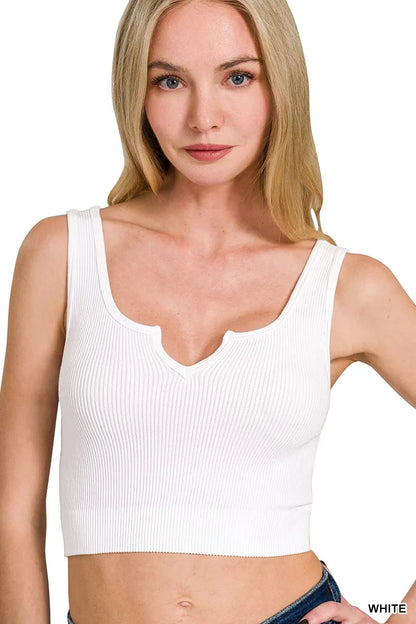 Zenana Seamless Split Neck Bra Tank Top WHITE