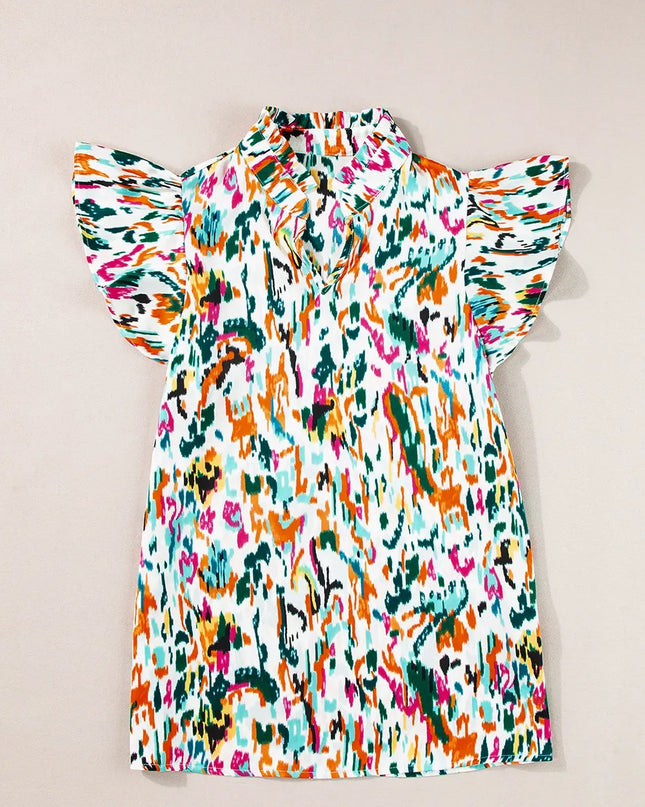 Abstract Print Ruffle Sleeve Blouse