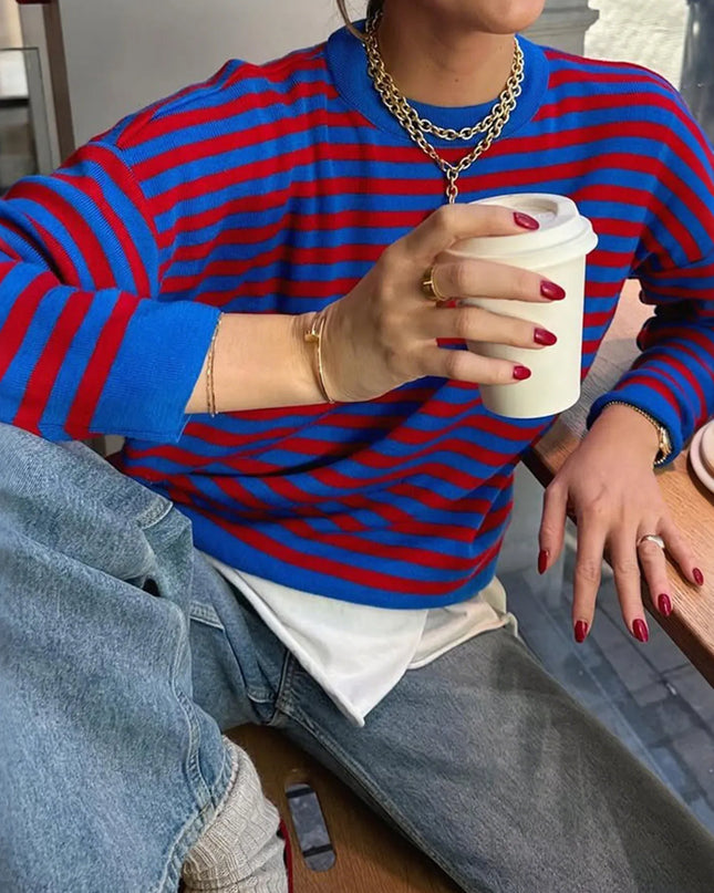 Striped Round Neck Long Sleeve Sweater Blue