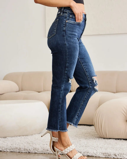 RFM Crop Dylan Full Size Tummy Control Distressed High Waist Raw Hem Jeans
