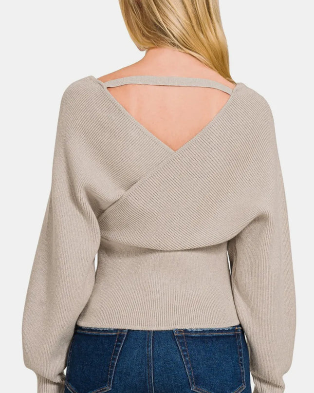 Zenana Cross Wrap Rib Long Sleeve Sweater