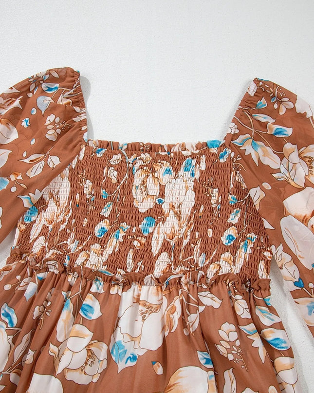 Smocked Printed Long Sleeve Tiered Dress