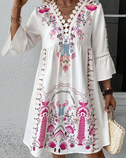 Lace Detail Printed Three-Quarter Sleeve Dress Deep Rose