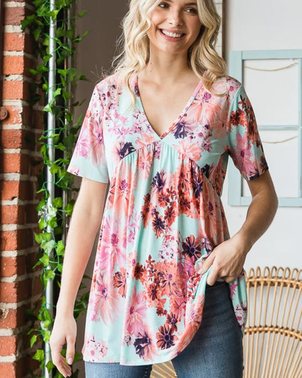 Heimish Full Size Floral V-Neck Short Sleeve Babydoll Blouse