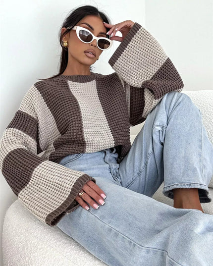 Color Block Long Sleeve Sweater Apricot
