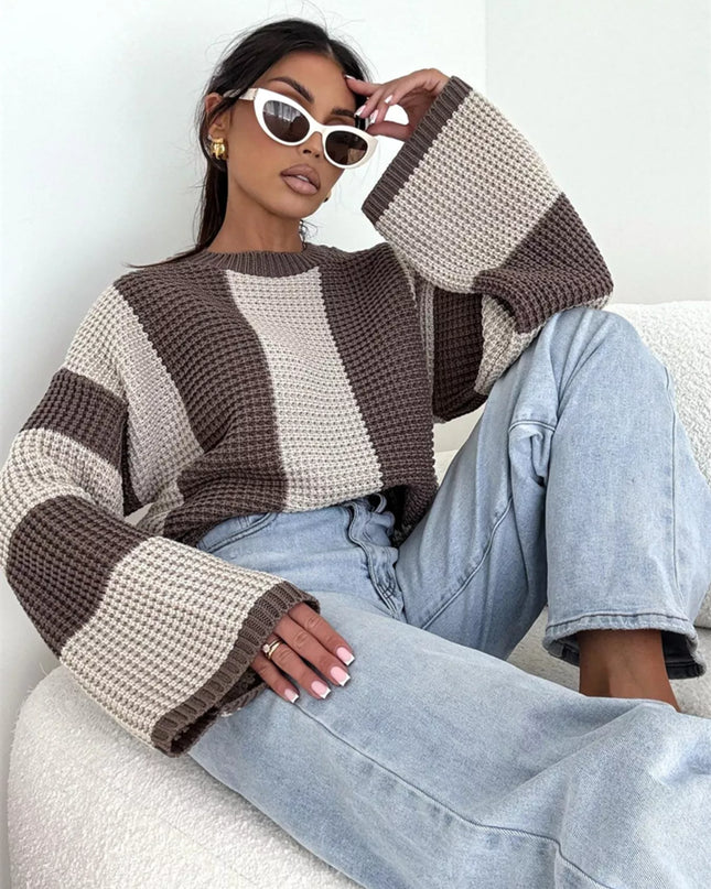 Color Block Long Sleeve Sweater Apricot