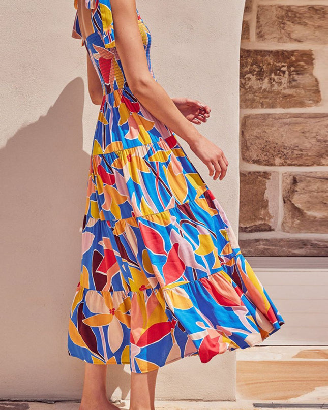 Floral Tie Shoulder Smocked Tiered Dress