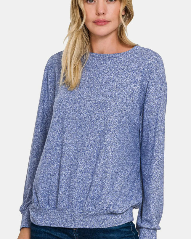 Zenana Full Size Melange Round Neck Top Lt Navy