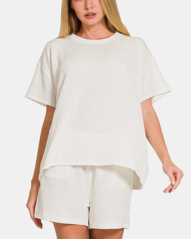 Zenana Rib Short Sleeve T-Shirt and Shorts Set Off White