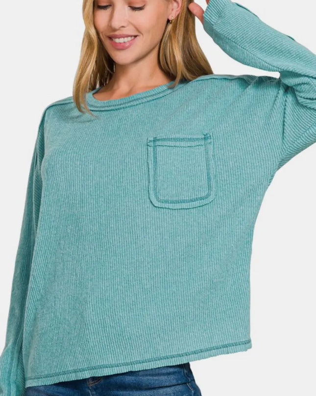 Zenana Full Size Contrast Stitching Brushed Ribbed Hacci Knit Top Plu Size Teal