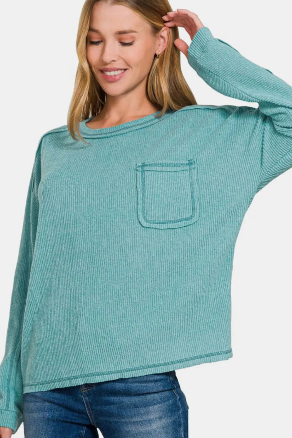 Zenana Full Size Contrast Stitching Brushed Ribbed Hacci Knit Top Plu Size Teal