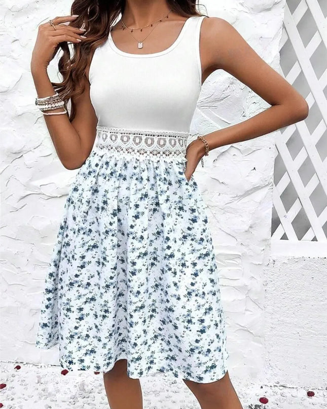 Lace Detail Floral Round Neck Sleeveless Dress White