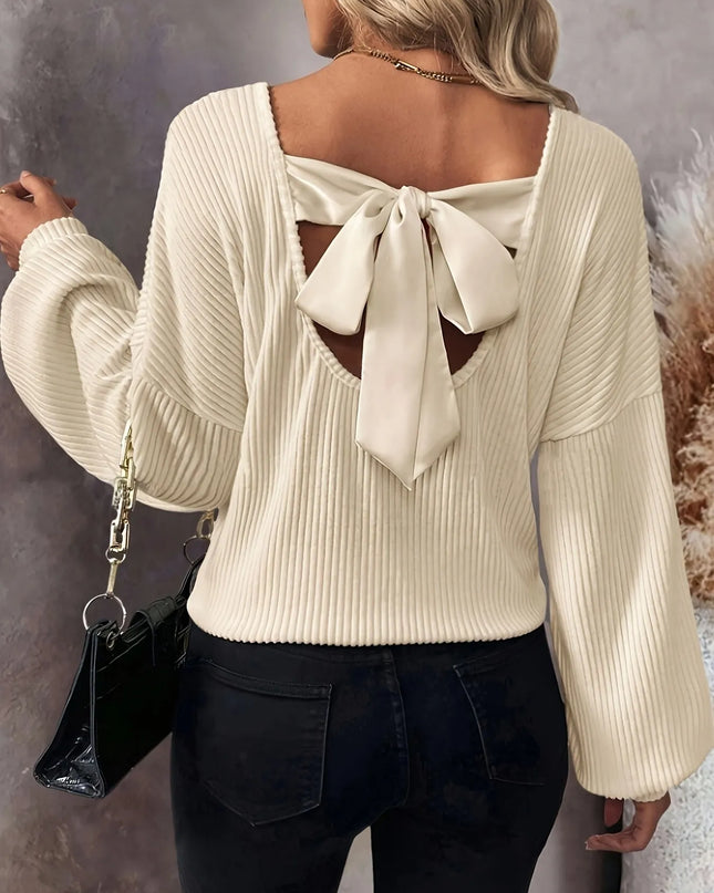 Ribbed Knit Back Bow Tie Blouse
