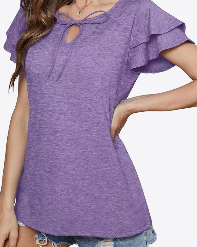 Tie-Neck Layered Flutter Sleeve Blouse