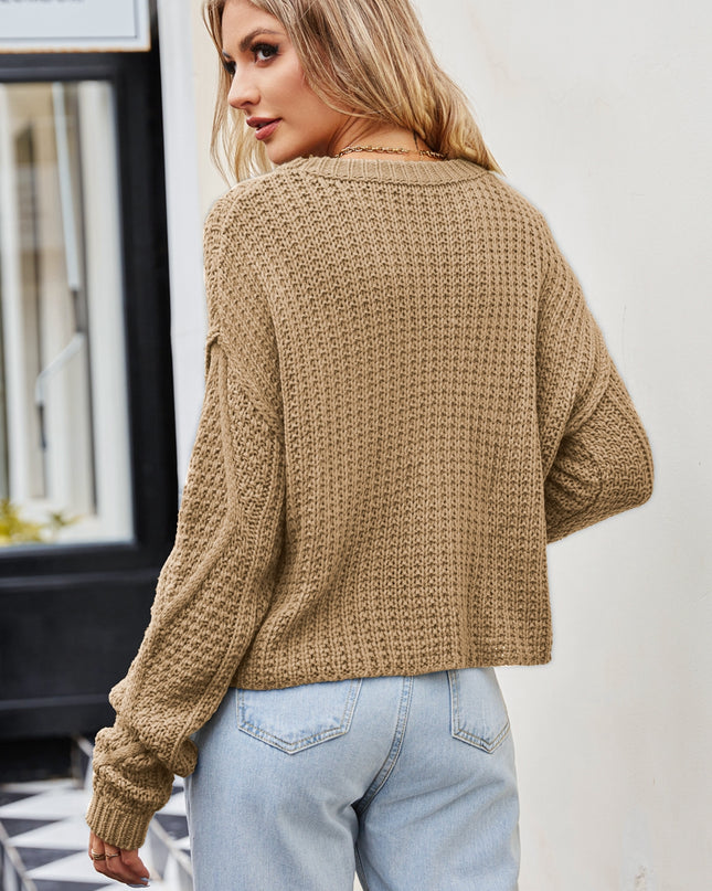 Cable-Knit Round Neck Dropped Shoulder Sweater